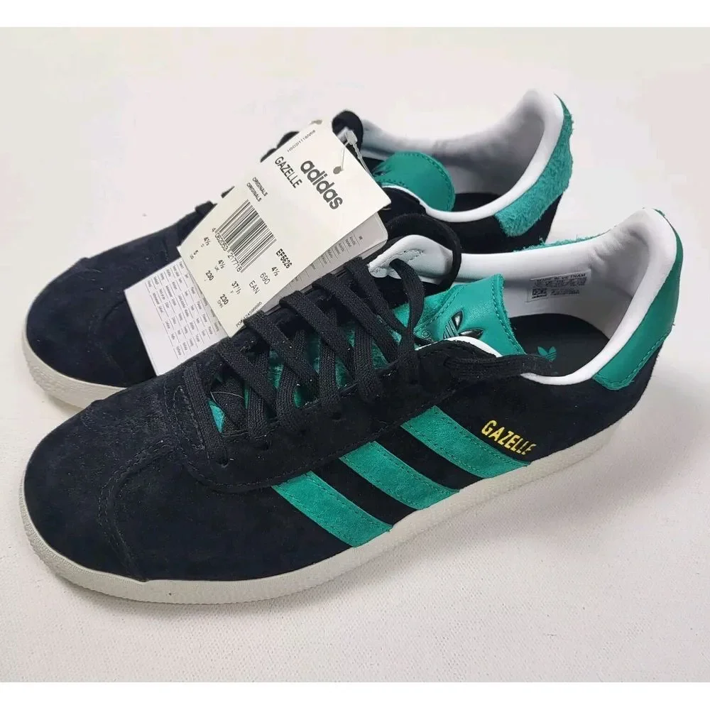 Adidas‎ Originals Gazelle Casual Shoes Black/Teal Green/Gold Metallic Mens 5 W 6